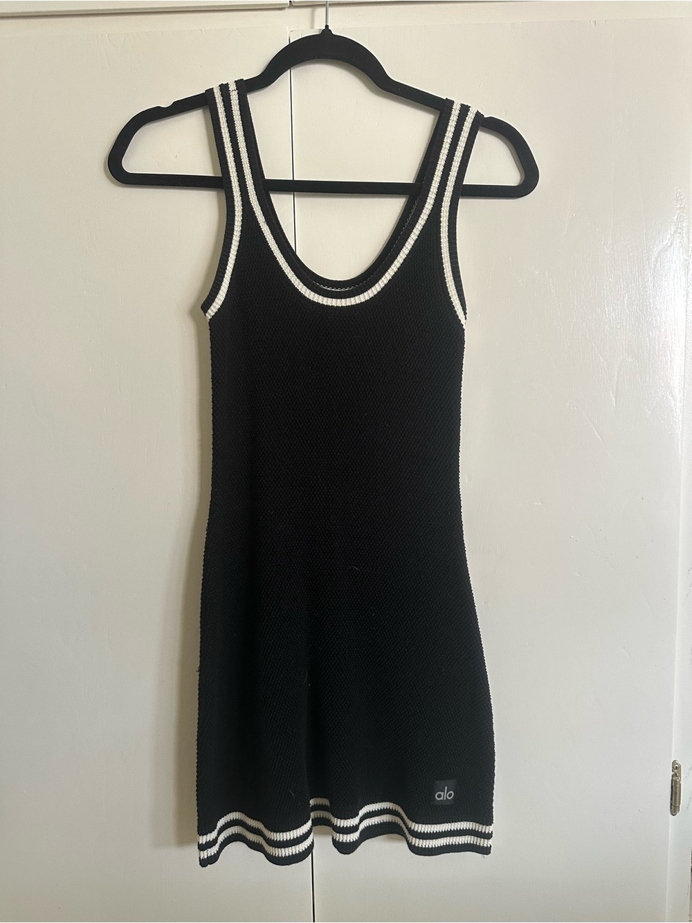 ALO Yoga Black Tank Knit Dress with White Stripe Trim